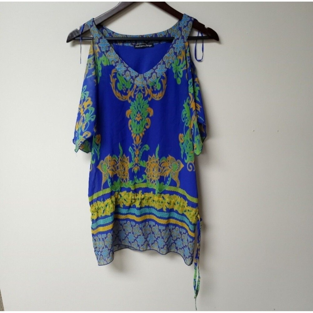 Madison Paige Womens Top Size Small Lined Sheer Multi Color Split Sleeves Tie
